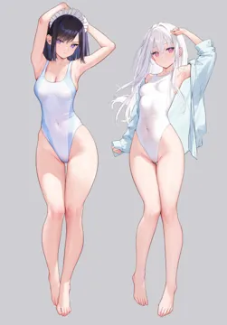 2girls armpits arms_up black_hair blush breasts cleavage collarbone collared_shirt competition_swimsuit covered_navel feet full_body glaring grey_background highleg highleg_one_piece_swimsuit long_hair long_sleeves looking_at_viewer maid_headdress medium_breasts multiple_girls navel one_piece_swimsuit parted_lips pink_eyes presenting_armpit purple_eyes purple_hair sarah__mignon shiny_skin shirt short_hair simple_background small_breasts swimsuit thigh_gap thighs white_hair white_one_piece_swimsuit mignon shiro__mignon