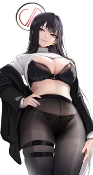 1girl arm_at_side black_bra black_hair black_panties black_pantyhose blazer blue_archive bra breasts bright_pupils buckle chela77 clothes_lift crotch_seam from_below hair_ornament hairclip halo hand_on_own_hip high_waist_pantyhose jacket lace lace_panties large_breasts long_hair long_sleeves looking_to_the_side no_pants off_shoulder open_clothes open_jacket panties panties_under_pantyhose pantyhose parted_lips red_eyes ribbed_sweater rio__blue_archive see_through_clothes simple_background skindentation snap_fit_buckle solo sweater sweater_lift thigh_gap thigh_strap thighs turtleneck turtleneck_sweater underwear very_long_hair white_background white_sweater