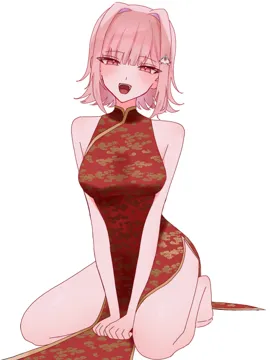 1girl alternate_costume bare_arms bare_legs bare_shoulders barefoot between_legs blush breasts china_dress chinese_clothes dress grey_background hair_intakes hair_ornament half_closed_eyes hand_between_legs large_breasts pink_eyes red_dress simple_background smile solo teeth upper_teeth_only su_no__su_no090 danganronpa__series danganronpa_2__goodbye_despair galaga nanami_chiaki__danganronpa