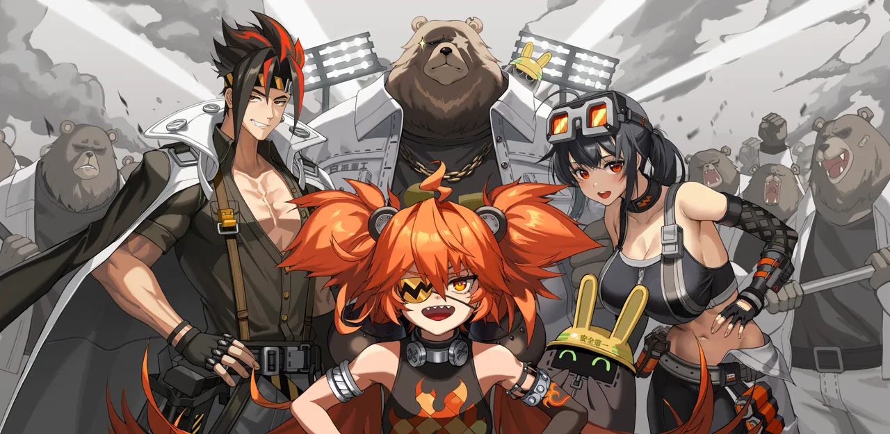 2girls 6_boys ahoge armpits bare_pectorals bear black_hair breasts eyepatch gloves goggles goggles_on_head hands_on_own_hips huge_breasts looking_at_viewer metal_eyepatch midriff multiple_boys multiple_girls muscular muscular_male navel orange_eyes orange_hair partially_fingerless_gloves pectorals red_eyes red_streaks sharp_teeth smile teeth toned toned_female 2v__joyeong zenless_zone_zero anton_ivanov__zenless_zone_zero ben_bigger__zenless_zone_zero grace_howard__ koleda_belobog__zenless_zone_zero