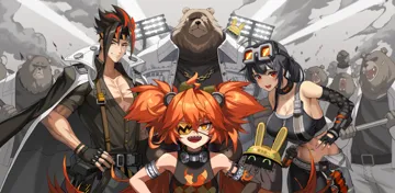 2girls 6_boys ahoge armpits bare_pectorals bear black_hair breasts eyepatch gloves goggles goggles_on_head hands_on_own_hips huge_breasts looking_at_viewer metal_eyepatch midriff multiple_boys multiple_girls muscular muscular_male navel orange_eyes orange_hair partially_fingerless_gloves pectorals red_eyes red_streaks sharp_teeth smile teeth toned toned_female 2v__joyeong zenless_zone_zero anton_ivanov__zenless_zone_zero ben_bigger__zenless_zone_zero grace_howard__ koleda_belobog__zenless_zone_zero