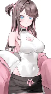 1girl arm_strap arm_warmers armpits bare_shoulders black_choker black_skirt blue_eyes blush bow breasts brown_hair choker cleavage_cutout clothes_down clothing_cutout colored_inner_hair covered_navel cowboy_shot ear_piercing hair_bow hair_ornament hairclip heart heart_choker heart_cutout heart_hair_ornament high_collar highleg highleg_leotard jacket large_breasts leotard long_hair long_sidelocks long_sleeves looking_at_viewer miniskirt mole mole_under_eye multicolored_hair off_shoulder one_side_up parted_lips piercing pink_arm_warmers pink_bow pink_hair pink_jacket sidelocks simple_background skirt solo two_sided_fabric two_tone_hair virtual_youtuber white_leotard x_hair_ornament nakony lupinus_virtual_games vspo kaga_nazuna__vspo