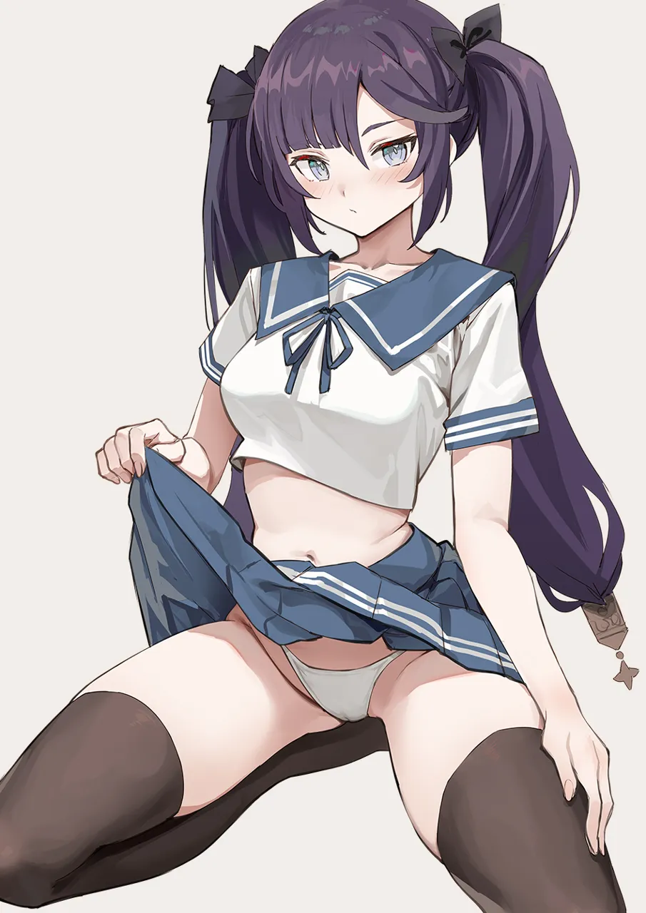 1girl black_hair blush breasts clothes_lift green_eyes long_hair looking_at_viewer medium_breasts pleated_skirt sailor_collar school_uniform serafuku skirt skirt_lift solo thighhighs twintails simao__x_x36131422 genshin_impact mona__genshin_impact