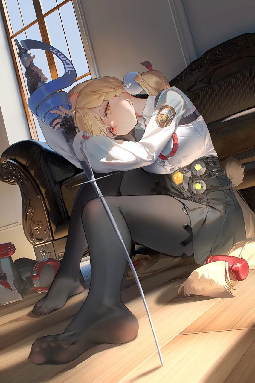 1girl artistic_error black_pantyhose black_skirt blonde_hair breasts closed_mouth full_body heterochromia holding holding_sword holding_weapon indoors large_breasts long_hair no_shoes pantyhose rapier red_eyes shirt sitting skirt solo sword very_long_hair weapon white_shirt wooden_floor yellow_eyes ribao zenless_zone_zero alice_thymefield