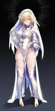 1girl aegyo_sal blonde_hair boots breasts closed_mouth dress flower full_body genshin_impact groin habit hair_between_eyes jewelry large_breasts long_sleeves looking_at_viewer lumine__genshin_impact necklace no_panties nun pelvic_curtain pottsness puffy_long_sleeves puffy_sleeves simple_background skindentation solo standing star__symbol star_print thigh_boots thighhighs thighs veil white_dress white_flower white_thighhighs yellow_eyes