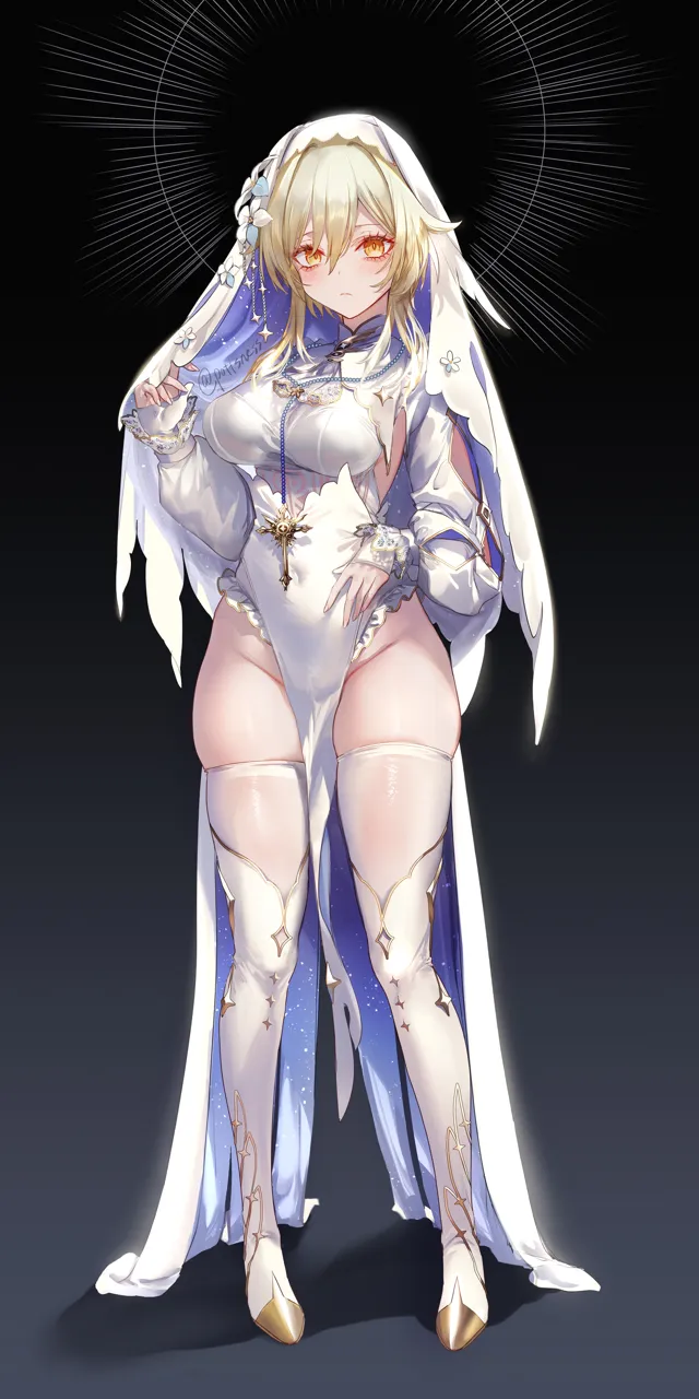 1girl aegyo_sal blonde_hair boots breasts closed_mouth dress flower full_body genshin_impact groin habit hair_between_eyes jewelry large_breasts long_sleeves looking_at_viewer lumine__genshin_impact necklace no_panties nun pelvic_curtain pottsness puffy_long_sleeves puffy_sleeves simple_background skindentation solo standing star__symbol star_print thigh_boots thighhighs thighs veil white_dress white_flower white_thighhighs yellow_eyes