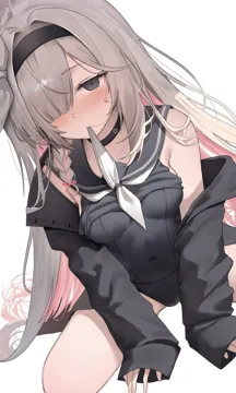1girl black_choker black_eyes black_hairband black_jacket black_one_piece_swimsuit black_sailor_collar black_shirt blush bow braid breasts choker closed_mouth clothes_lift colored_inner_hair covered_navel grey_hair hair_bow hair_intakes hair_ornament hair_over_one_eye hair_spread_out hairband jacket long_hair long_sleeves mouth_hold multicolored_hair neckerchief nose_blush one_piece_swimsuit pink_hair sailor_collar shirt shirt_lift simple_background single_bare_shoulder single_braid single_off_shoulder sitting sleeves_past_wrists small_breasts solo sweat swimsuit thighs very_long_hair white_background white_bow white_neckerchief koba__kobako42 blue_archive plana__blue_archive
