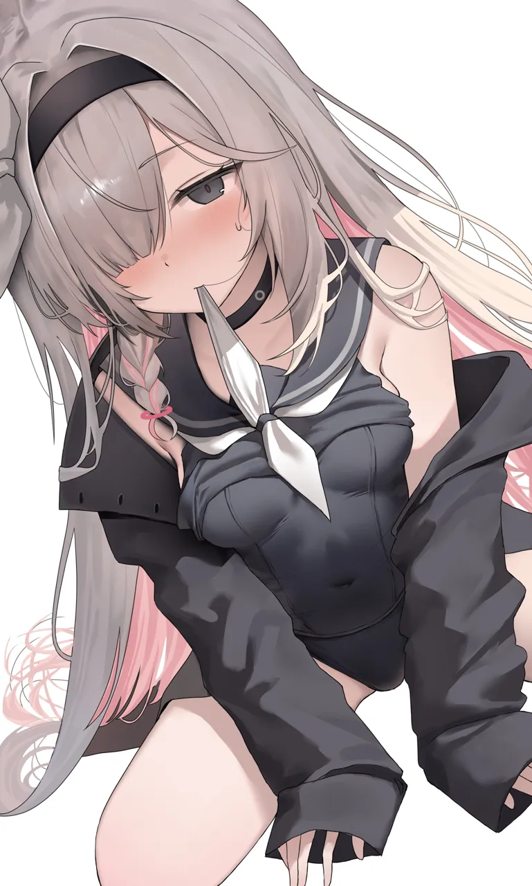 1girl black_choker black_eyes black_hairband black_jacket black_one_piece_swimsuit black_sailor_collar black_shirt blush bow braid breasts choker closed_mouth clothes_lift colored_inner_hair covered_navel grey_hair hair_bow hair_intakes hair_ornament hair_over_one_eye hair_spread_out hairband jacket long_hair long_sleeves mouth_hold multicolored_hair neckerchief nose_blush one_piece_swimsuit pink_hair sailor_collar shirt shirt_lift simple_background single_bare_shoulder single_braid single_off_shoulder sitting sleeves_past_wrists small_breasts solo sweat swimsuit thighs very_long_hair white_background white_bow white_neckerchief koba__kobako42 blue_archive plana__blue_archive