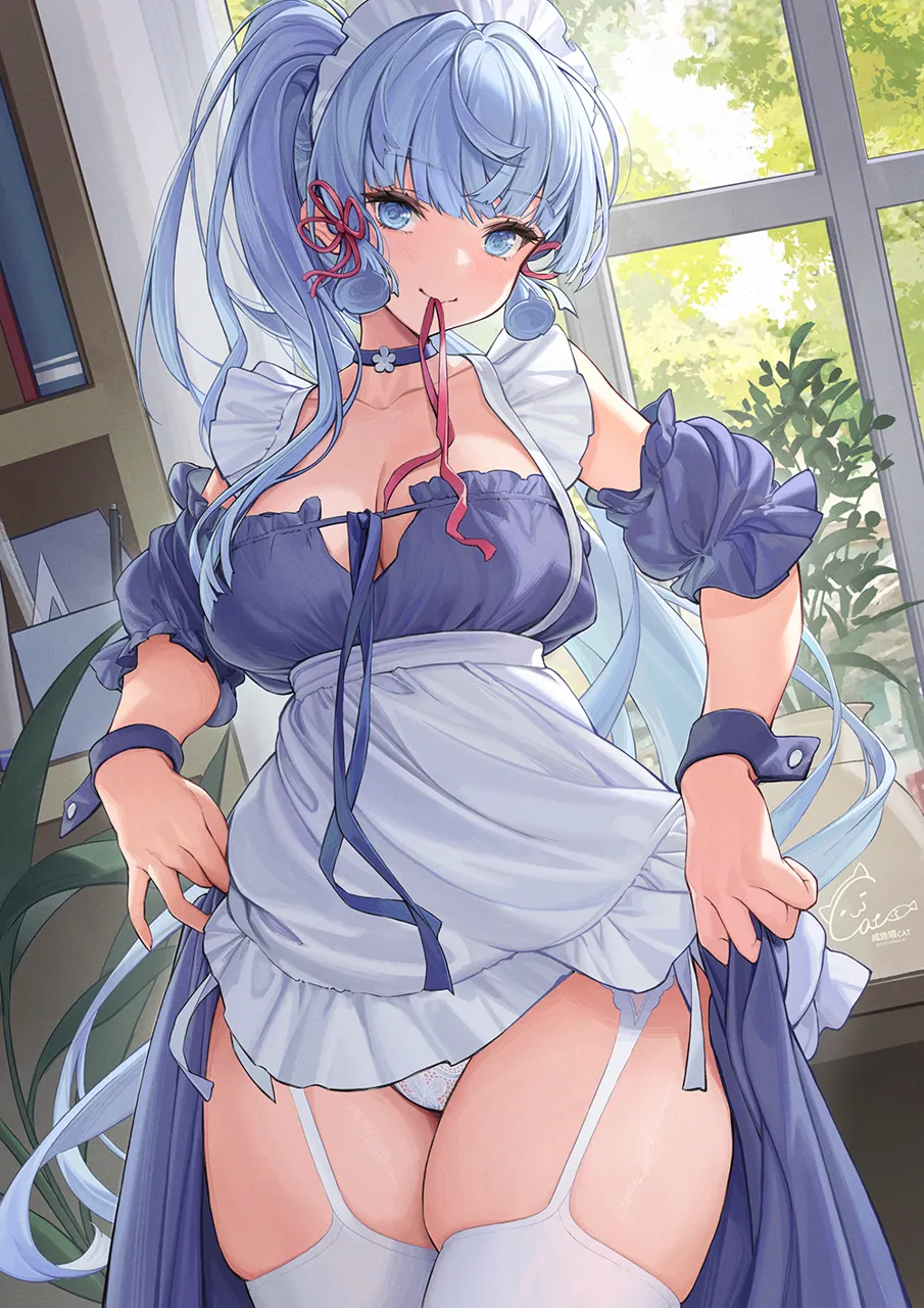 1girl alternate_costume apron blue_choker blue_dress blue_eyes blue_hair blue_wrist_cuffs blunt_tresses breasts catsmoon choker cleavage closed_mouth clothes_lift collarbone detached_sleeves dress dress_lift flower_knot frilled_apron frilled_dress frilled_hairband frilled_sleeves frills garter_straps genshin_impact hair_ribbon hairband indoors kamisato_ayaka lace lace_panties lifting_own_clothes light_blue_hair long_hair looking_at_viewer maid maid_apron maid_headdress medium_breasts mouth_hold panties plant ponytail potted_plant puffy_short_sleeves puffy_sleeves ribbon ribbon_in_mouth short_sleeves side_tie_panties sidelocks signature skindentation sleeveless sleeveless_dress smile solo thighhighs thighs tress_ribbon underwear very_long_hair white_apron white_garter_straps white_hairband white_panties white_thighhighs wide_hips window wrist_cuffs