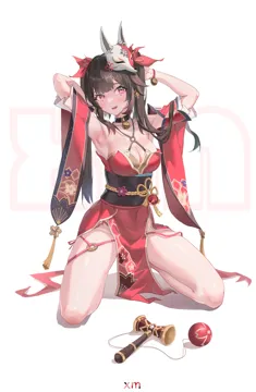 1girl armpits arms_up artist_name bell black_choker black_sash blush breasts brown_hair butterfly_shaped_pupils choker cleavage collarbone criss_cross_halter detached_sleeves dress feet_up fox_mask full_body halterneck kendama kneeling long_hair looking_at_viewer mask mask_on_head medium_breasts neck_bell o_ring open_mouth pelvic_curtain red_dress red_sleeves saliva sash solo sweat symbol_shaped_pupils twintails white_background wide_sleeves huade_xiami honkai__star_rail honkai__series sparkle__honkai__star_rail