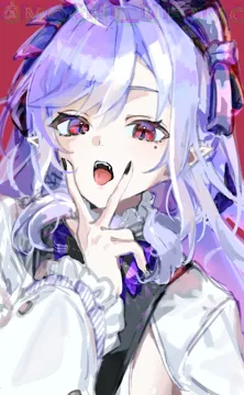 1girl ahoge black_nails dress fangs frilled_sleeves frills long_hair long_sleeves looking_at_viewer mole mole_under_eye nail_polish open_mouth pointy_ears purple_hair red_eyes solo teeth tongue upper_body upper_teeth_only w_over_mouth white_dress mochi_upamo zenless_zone_zero vivian__zenless_zone_zero