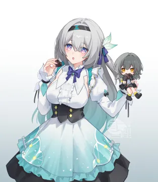 2girls alternate_costume black_gloves black_hairband black_jacket black_skirt blush bow breasts center_frills chibi dress food frills gloves gradient_background gradient_hair grey_hair hair_between_eyes hairband holding holding_food jacket large_breasts long_hair long_sleeves looking_at_viewer maid mini_person minigirl multicolored_eyes multicolored_hair multiple_girls open_mouth purple_eyes ribbon shirt simple_background skirt watermark white_background white_dress white_shirt yellow_eyes yukiri__l_ii honkai__star_rail honkai__series firefly__honkai__star_rail stelle__honkai__star_rail trailblazer__honkai__star_rail