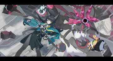 1girl animal_ear_fluff animal_ears bangboo__zenless_zone_zero black_gloves black_hair black_necktie black_pantyhose black_skirt blunt_bangs building cowboy_shot dress_shirt ethereal__zenless_zone_zero fingerless_gloves floating_hair fox_ears fox_girl full_body gloves green_jacket high_waist_skirt holding holding_sword holding_weapon jacket long_hair looking_at_viewer necktie outdoors pantyhose red_eyes shirt sidelocks skirt solo standing sword weapon white_shirt qixia zenless_zone_zero eous__zenless_zone_zero hoshimi_miyabi__zenless_zone_zero nineveh__zenless_zone_zero tailless__zenless_zone_zero