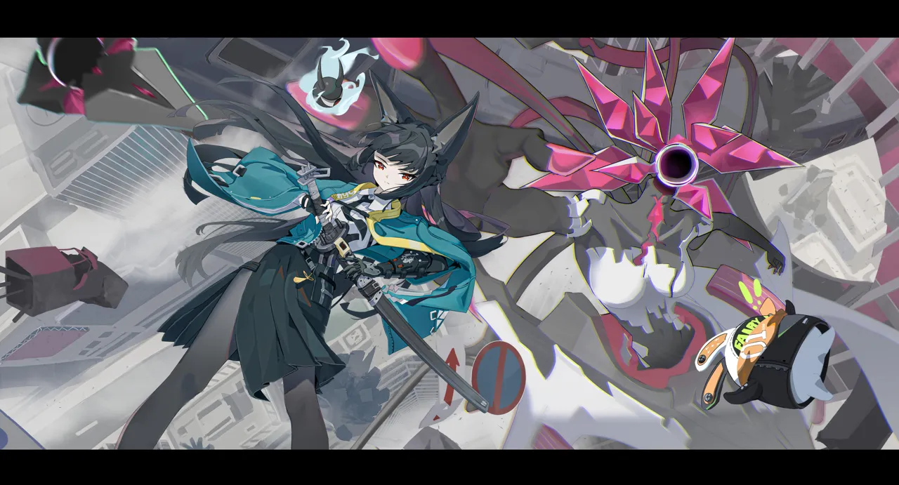 1girl animal_ear_fluff animal_ears bangboo__zenless_zone_zero black_gloves black_hair black_necktie black_pantyhose black_skirt blunt_bangs building cowboy_shot dress_shirt ethereal__zenless_zone_zero fingerless_gloves floating_hair fox_ears fox_girl full_body gloves green_jacket high_waist_skirt holding holding_sword holding_weapon jacket long_hair looking_at_viewer necktie outdoors pantyhose red_eyes shirt sidelocks skirt solo standing sword weapon white_shirt qixia zenless_zone_zero eous__zenless_zone_zero hoshimi_miyabi__zenless_zone_zero nineveh__zenless_zone_zero tailless__zenless_zone_zero