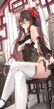 1girl ahoge bare_shoulders berserker_r black_dress black_footwear black_panties bracelet breasts brown_hair china_dress chinese_clothes closed_mouth clothing_cutout covered_navel crossed_legs detached_sleeves dress flower genshin_impact hair_between_eyes hair_flower hair_ornament hu_tao__genshin_impact indoors jewelry light_smile long_hair long_sleeves looking_at_viewer panties red_flower side_tie_panties sideboob sitting sleeveless sleeveless_dress solo symbol_shaped_pupils tassel thighhighs thighs tile_floor tiles twintails underwear very_long_hair