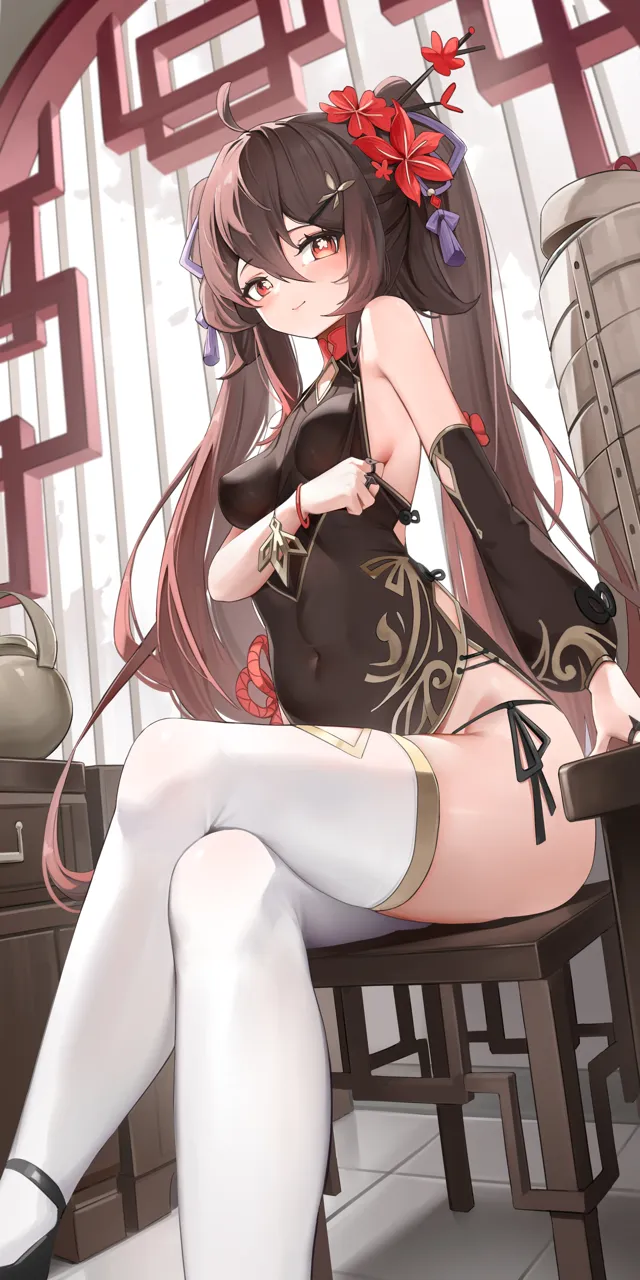 1girl ahoge bare_shoulders berserker_r black_dress black_footwear black_panties bracelet breasts brown_hair china_dress chinese_clothes closed_mouth clothing_cutout covered_navel crossed_legs detached_sleeves dress flower genshin_impact hair_between_eyes hair_flower hair_ornament hu_tao__genshin_impact indoors jewelry light_smile long_hair long_sleeves looking_at_viewer panties red_flower side_tie_panties sideboob sitting sleeveless sleeveless_dress solo symbol_shaped_pupils tassel thighhighs thighs tile_floor tiles twintails underwear very_long_hair
