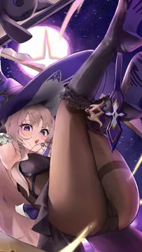1girl _o armpits ass black_dress black_pantyhose boots breasts brown_hair dress hat knee_boots long_hair looking_at_viewer medium_breasts night night_sky open_mouth panties panties_under_pantyhose pantyhose purple_eyes sky solo thighs underwear witch_hat yawww__yawwwart honkai__star_rail honkai__series herta__honkai__star_rail the_herta__honkai__star_rail
