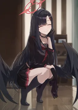 1girl black_choker black_gloves black_hair black_sailor_collar black_serafuku black_shoes black_skirt black_socks black_wings choker closed_eyes closed_mouth facing_viewer feathered_wings full_body gloves hair_ornament hairclip halo holding holding_shoes long_hair long_sleeves low_wings neckerchief pleated_skirt red_halo red_neckerchief sailor_collar school_uniform serafuku shoes skirt smile socks solo wings jiang_zhuti_jiojio blue_archive ichika__blue_archive