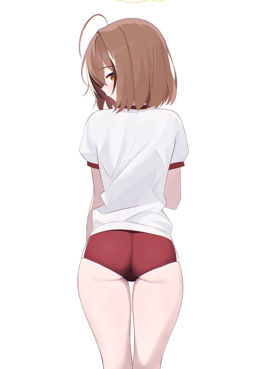 1girl ahoge alternate_costume ass blush bob_cut brown_eyes brown_hair buruma cowboy_shot from_behind gym_uniform looking_at_viewer looking_back multicolored_hair official_alternate_hair_length official_alternate_hairstyle red_buruma shirt short_hair simple_background solo streaked_hair trefoil virtual_youtuber white_background white_shirt ogossi hololive hololive_english nanashi_mumei__hololive