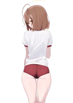 1girl ahoge alternate_costume ass blush bob_cut brown_eyes brown_hair buruma cowboy_shot from_behind gym_uniform looking_at_viewer looking_back multicolored_hair official_alternate_hair_length official_alternate_hairstyle red_buruma shirt short_hair simple_background solo streaked_hair trefoil virtual_youtuber white_background white_shirt ogossi hololive hololive_english nanashi_mumei__hololive