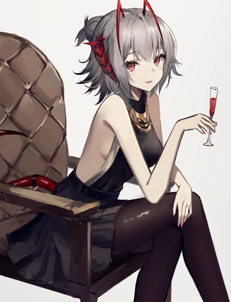 1girl alternate_costume alternate_hairstyle antenna_hair armchair bare_arms bare_shoulders black_dress black_pantyhose breasts chair crossed_legs cup demon_girl demon_horns demon_tail dress drink drinking_glass feet_out_of_frame grey_hair hair_bun holding holding_cup horns jewelry medium_breasts multicolored_hair necklace pantyhose parted_lips red_eyes red_hair short_hair sideboob simple_background single_hair_bun sitting smile solo tail tail_through_clothes two_tone_hair white_background kokao358 arknights w__arknights