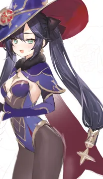 1girl aqua_eyes black_gloves black_hair black_ribbon blush breasts cape earrings gloves hair_between_eyes hair_ornament hair_ribbon hat jewelry leotard long_hair looking_at_viewer medium_breasts multiple_views open_mouth pantyhose purple_hair ribbon sketch twintails witch_hat adelie_cat genshin_impact mona__genshin_impact