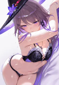 1girl armpit_crease bare_shoulders black_bra black_hat black_panties blush bra breasts brown_hair closed_mouth flower gradient_hair hair_spread_out hat hat_flower herta__honkai__star_rail honkai__series honkai__star_rail jewelry lingerie long_hair looking_to_the_side lying multicolored_hair navel necklace on_side panties purple_eyes purple_flower purple_hair qiandaiyiyu signature simple_background small_breasts solo stomach sweat the_herta__honkai__star_rail twitter_strip_game underwear underwear_only very_long_hair white_background witch_hat