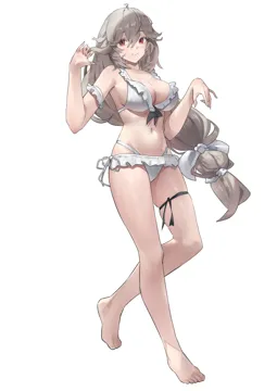 1girl alternate_costume barefoot bikini black_ribbon breasts cleavage closed_mouth frilled_bikini frills full_body grey_hair hair_between_eyes hair_ribbon large_breasts leg_ribbon long_hair looking_at_viewer navel red_eyes ribbon simple_background smile solo stomach swimsuit tachi_e thigh_ribbon thighs toes white_background white_bikini white_ribbon yawww__yawwwart zenless_zone_zero alexandrina_sebastiane__zenless_zone_zero