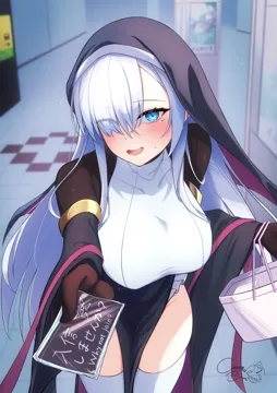 1girl bag black_dress black_gloves blue_eyes blush breasts dress gloves grey_hair handbag headpiece holding indoors large_breasts long_hair long_sleeves looking_at_viewer mole mole_under_eye nun open_mouth pamphlet reaching reaching_towards_viewer smile solo standing sweat thighhighs white_thighhighs cocoablue23