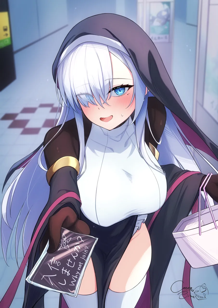 1girl bag black_dress black_gloves blue_eyes blush breasts dress gloves grey_hair handbag headpiece holding indoors large_breasts long_hair long_sleeves looking_at_viewer mole mole_under_eye nun open_mouth pamphlet reaching reaching_towards_viewer smile solo standing sweat thighhighs white_thighhighs cocoablue23