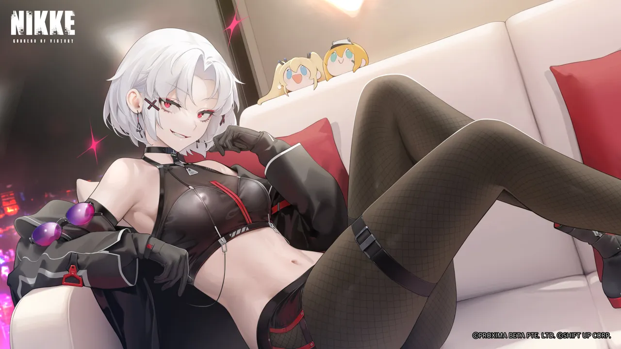 1girl bare_shoulders black_choker black_gloves black_jacket black_shorts breasts character_doll choker cleavage couch crop_top cropped_shirt drake__nikke drake__villain_racer__nikke fishnet_pantyhose fishnets gloves goddess_of_victory__nikke hair_ornament indoors jacket jacket_partially_removed laplace__nikke maxwell__nikke midriff official_alternate_costume ohisashiburi on_couch open_clothes open_jacket pantyhose parted_bangs pink_tinted_eyewear purple_tinted_eyewear red_eyes see_through_cleavage see_through_clothes shirt short_hair shorts sleeveless sleeveless_shirt sunglasses thigh_strap tinted_eyewear unworn_eyewear white_hair x_hair_ornament