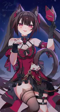 1girl animal_ear_fluff animal_ears bare_shoulders black_gloves black_hair cat_ears cat_tail detached_sleeves dress gloves halter_dress halterneck holding holding_mask kemonomimi_mode long_hair looking_at_viewer mask pink_eyes red_dress short_sleeves single_glove single_thighhigh solo tail thigh_strap thighhighs thighs tongue tongue_out twintails very_long_hair om_rm1101 honkai__star_rail honkai__series honkai_impact_3rd sparkle__fictitious_game__honkai__star_rail sparkle__honkai__star_rail