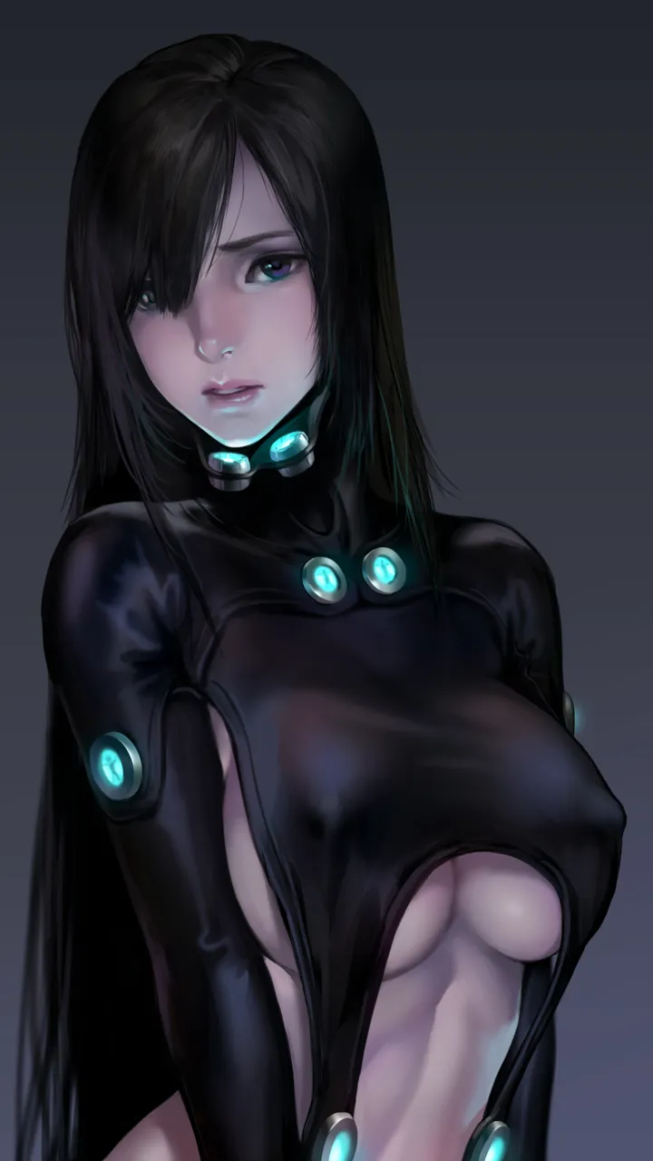 1girl black_hair bodysuit breasts brown_eyes covered_nipples gantz_suit grey_background hair_over_one_eye large_breasts lips long_hair nose solo underboob as109 gantz shimohira_reika