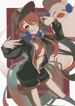 1girl alternate_costume baseball_cap bikini bikini_under_clothes brown_hair cropped_legs flower flower_shaped_pupils ghost grin hat headphones headphones_around_neck jacket jacket_over_swimsuit long_hair looking_at_viewer navel one_eye_closed partially_unzipped red_bikini red_eyes smile swimsuit symbol_shaped_pupils thighs very_long_hair garabato_choi genshin_impact boo_tao__genshin_impact hu_tao__genshin_impact