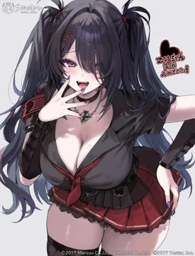1girl armband azur_lane black_hair black_shirt blush breasts choker cleavage copyright_name cross fang freng hair_over_one_eye hand_on_own_hip heart heart_shaped_pupils iron_cross jewelry large_breasts long_hair looking_at_viewer miniskirt nail_polish necklace open_mouth purple_eyes red_skirt ribbon school_uniform shirt short_sleeves skirt sweat symbol_shaped_pupils thighhighs thighs twintails white_background wristband z11__azur_lane