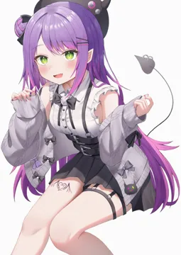1girl beret black_hat blush demon_girl demon_tail fake_horns fang green_eyes hair_ornament hairclip hat horned_headwear horns jirai_kei long_hair looking_at_viewer multicolored_hair official_alternate_costume open_mouth piercing pink_hair purple_hair skin_fang skirt sleeves_past_wrists smile solo streaked_hair tail tail_ornament tail_piercing thigh_strap thighs virtual_youtuber koba__kobako42 hololive tokoyami_towa__hololive tokoyami_towa__jirai_kei__hololive