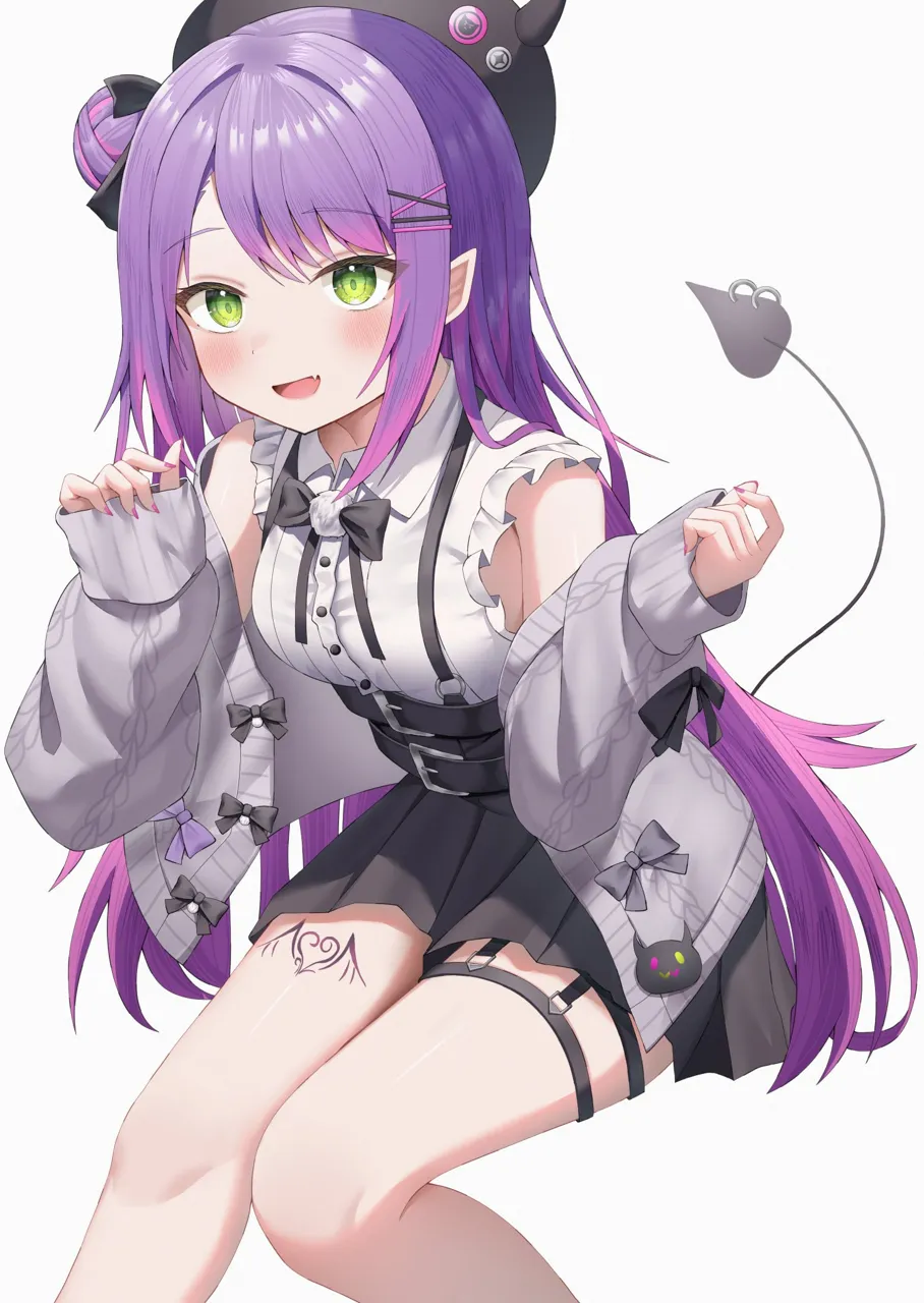 1girl beret black_hat blush demon_girl demon_tail fake_horns fang green_eyes hair_ornament hairclip hat horned_headwear horns jirai_kei long_hair looking_at_viewer multicolored_hair official_alternate_costume open_mouth piercing pink_hair purple_hair skin_fang skirt sleeves_past_wrists smile solo streaked_hair tail tail_ornament tail_piercing thigh_strap thighs virtual_youtuber koba__kobako42 hololive tokoyami_towa__hololive tokoyami_towa__jirai_kei__hololive
