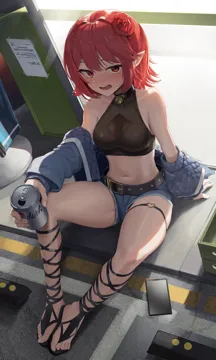 1girl alternate_costume armpit_crease asahi_breweries backlighting bare_shoulders beer_can belt black_choker blue_jacket blue_shorts blush breasts brown_shirt can choker crop_top cutoffs denim denim_shorts drink_can drunk flower gladiator_sandals hair_flower hair_ornament holding holding_can jacket knees_up long_sleeves looking_at_viewer medium_breasts midriff navel nose_blush off_shoulder open_clothes open_jacket open_mouth phone pointy_ears red_eyes red_hair sandals shirt short_hair short_shorts shorts sitting sleeveless sleeveless_shirt smile solo stirrup_legwear stomach sweat thigh_strap thighs toeless_legwear goback dungeon_and_fighter original eclipse__dungeon_and_fighter female_mage__dungeon_and_fighter summoner__dungeon_and_fighter