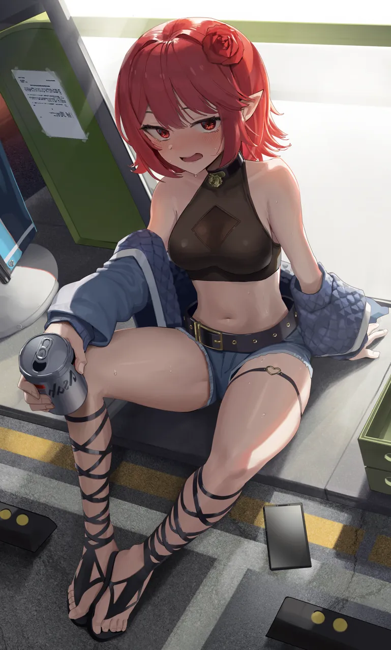 1girl alternate_costume armpit_crease asahi_breweries backlighting bare_shoulders beer_can belt black_choker blue_jacket blue_shorts blush breasts brown_shirt can choker crop_top cutoffs denim denim_shorts drink_can drunk flower gladiator_sandals hair_flower hair_ornament holding holding_can jacket knees_up long_sleeves looking_at_viewer medium_breasts midriff navel nose_blush off_shoulder open_clothes open_jacket open_mouth phone pointy_ears red_eyes red_hair sandals shirt short_hair short_shorts shorts sitting sleeveless sleeveless_shirt smile solo stirrup_legwear stomach sweat thigh_strap thighs toeless_legwear goback dungeon_and_fighter original eclipse__dungeon_and_fighter female_mage__dungeon_and_fighter summoner__dungeon_and_fighter