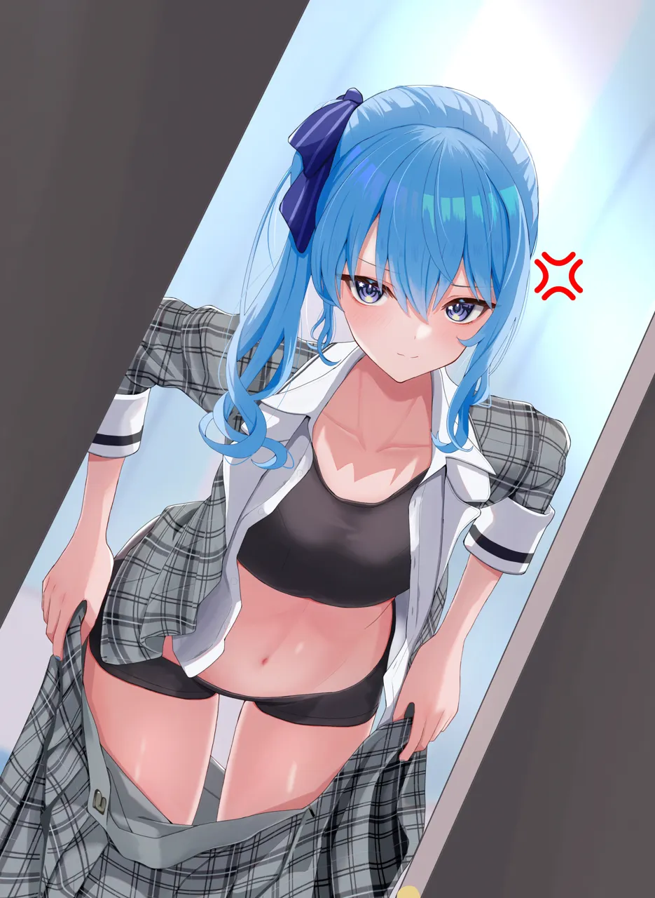 1girl anger_vein annoyed bike_shorts black_sports_bra blue_eyes blue_hair closed_mouth clothes_pull collarbone furrowed_brow hair_ribbon hololive hoshimachi_suisei hoshimachi_suisei__1st_costume long_hair looking_at_viewer navel oniku__o29sukizero plaid_clothes plaid_shirt plaid_skirt pov ribbon shirt side_ponytail sidelocks skirt skirt_pull solo spoken_anger_vein sports_bra star__symbol star_in_eye stomach symbol_in_eye thighs undressing virtual_youtuber walk_in wavy_hair