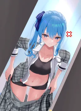 1girl anger_vein annoyed bike_shorts black_sports_bra blue_eyes blue_hair closed_mouth clothes_pull collarbone furrowed_brow hair_ribbon hololive hoshimachi_suisei hoshimachi_suisei__1st_costume long_hair looking_at_viewer navel oniku__o29sukizero plaid_clothes plaid_shirt plaid_skirt pov ribbon shirt side_ponytail sidelocks skirt skirt_pull solo spoken_anger_vein sports_bra star__symbol star_in_eye stomach symbol_in_eye thighs undressing virtual_youtuber walk_in wavy_hair
