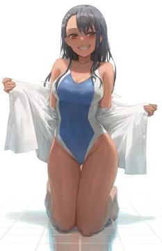 1girl alternate_breast_size bare_shoulders barefoot black_hair blush breasts brown_eyes cleavage collarbone competition_swimsuit covered_navel dark_skin dark_skinned_female fang free_style__yohan1754 grin ijiranaide_nagatoro_san kneeling large_breasts long_hair looking_at_viewer nagatoro_hayase on_floor one_piece_swimsuit open_clothes open_shirt reflection shirt simple_background smile solo swimsuit tan teeth thighs tile_floor tiles undressing white_background white_shirt