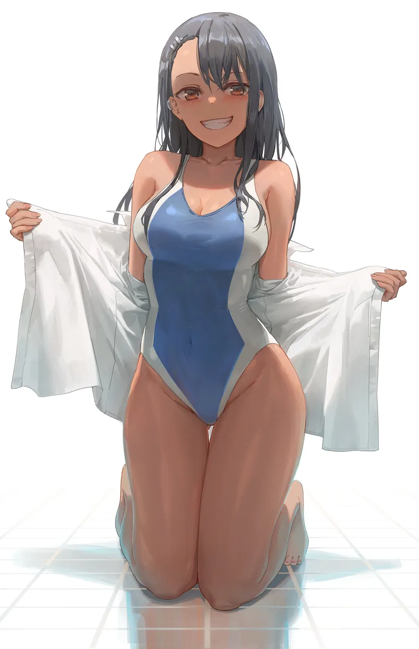 1girl alternate_breast_size bare_shoulders barefoot black_hair blush breasts brown_eyes cleavage collarbone competition_swimsuit covered_navel dark_skin dark_skinned_female fang free_style__yohan1754 grin ijiranaide_nagatoro_san kneeling large_breasts long_hair looking_at_viewer nagatoro_hayase on_floor one_piece_swimsuit open_clothes open_shirt reflection shirt simple_background smile solo swimsuit tan teeth thighs tile_floor tiles undressing white_background white_shirt