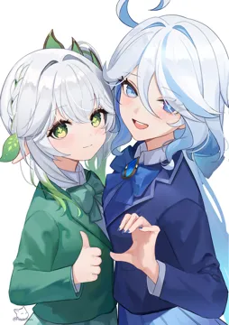 2girls alternate_costume blazer blue_eyes blue_hair blue_jacket blue_nails bow bowtie braid closed_mouth collared_shirt cross_shaped_pupils drop_shaped_pupils eyes_visible_through_hair gradient_hair green_bow green_bowtie green_eyes green_hair green_jacket grey_hair hair_between_eyes hair_over_one_eye hand_up jacket long_sleeves looking_at_viewer multicolored_hair multiple_girls open_mouth school_uniform shirt side_ponytail simple_background smile symbol_shaped_pupils teeth thumbs_up upper_body upper_teeth_only white_background zero_pi genshin_impact furina__genshin_impact nahida__genshin_impact