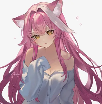 1girl alternate_costume animal_ear_fluff animal_ears artist_name breasts cleavage closed_mouth collarbone hair_intakes hand_up large_breasts light_blush light_smile long_hair long_sleeves looking_at_viewer multicolored_hair panther_ears panther_girl pink_hair pink_lips shirt simple_background sleeves_past_fingers sleeves_past_wrists solo sparkle streaked_hair two_tone_hair upper_body virtual_youtuber white_background white_shirt yellow_eyes chokopaii hololive hololive_english raora_panthera__hololive