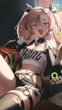1girl bangboo__zenless_zone_zero bare_shoulders black_shorts breasts crop_top green_eyes hands_up long_hair looking_at_viewer midriff mole mole_under_eye navel open_mouth pink_hair short_shorts shorts sitting smile solo stomach strapless thighs tube_top very_long_hair nasol zenless_zone_zero amillion__zenless_zone_zero bangboo_6__zenless_zone_zero nicole_demara__zenless_zone_zero