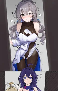 3girls ahoge bare_shoulders black_bodysuit blonde_hair blue_dress blush bodysuit breasts cleavage covered_collarbone covering_crotch covering_privates crossed_bangs detached_sleeves dot_nose dress dress_tug drill_hair grey_eyes grey_hair grin hair_between_eyes heart heart_shaped_pupils large_breasts long_hair long_sleeves looking_at_viewer multiple_girls nose_blush open_mouth pink_pupils purple_eyes purple_hair purple_scarf scarf sidelocks smile symbol_shaped_pupils torn_bodysuit torn_clothes two_sided_dress two_sided_fabric white_dress white_sleeves mini2chainz honkai__star_rail honkai__series bronya_rand__honkai__star_rail lynx_landau__honkai__star_rail seele__honkai__star_rail__honkai__star_rail