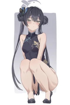 1girl bare_shoulders black_dress black_hair black_shoes blue_archive blush breasts butterfly_hair_ornament china_dress chinese_clothes closed_mouth double_bun dragon_print dress grey_background grey_eyes hair_bun hair_ornament halo kisaki__blue_archive legs long_hair looking_at_viewer medium_breasts pelvic_curtain print_dress shoes sleeveless sleeveless_dress solo squatting thighs twintails two_tone_background white_background yueyue_no_hand