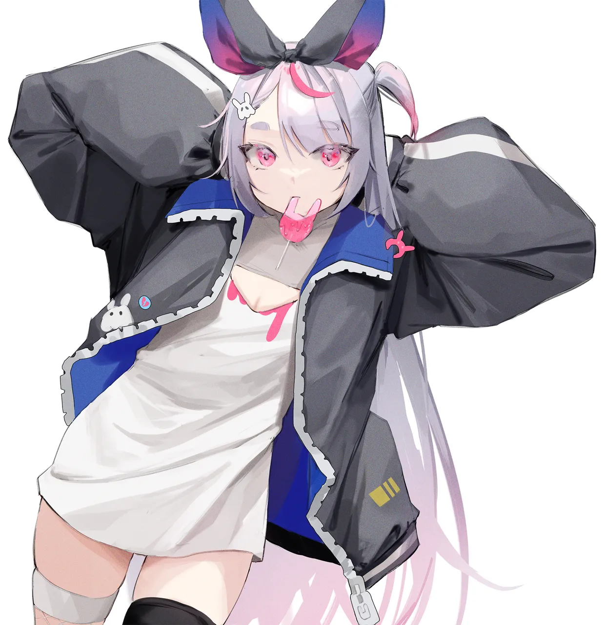 1girl arms_behind_head asymmetrical_legwear black_bow black_jacket blue_jacket bow breasts cleavage cowboy_shot flat_chest hair_bow hair_ornament jacket long_hair long_sleeves looking_at_viewer mouth_hold multicolored_hair no_pants one_side_up open_clothes open_jacket pink_eyes pink_hair puffy_long_sleeves puffy_sleeves purple_hair shirt simple_background single_hair_streak single_vertical_stripe skindentation solo streaked_hair thick_eyebrows thigh_strap two_sided_fabric two_sided_jacket two_tone_hair very_long_hair virtual_youtuber white_background white_shirt nakony cattleya_regina_games vspo tosaki_mimi__vspo tosaki_mimi__1st_costume__vspo