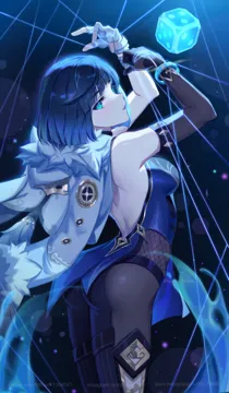 1girl arched_back arms_up ass asymmetrical_gloves back backless_bodysuit backless_dress backless_outfit black_pantyhose blue_bodysuit blue_hair bodystocking bodysuit bracelet breasts dice dress elbow_gloves fingerless_gloves fishnet_top fishnets from_side fur_trimmed_jacket fur_trim gloves green_eyes halterneck instagram_username jacket jewelry lens_flare looking_at_viewer looking_to_the_side medium_breasts mismatched_gloves on_shoulder pantyhose parted_lips pixiv_id purple_lips short_hair single_elbow_glove single_fingerless_glove solo string string_around_finger thighs twitter_username uneven_gloves water web_address white_jacket mihan__mihan_art genshin_impact yelan__genshin_impact